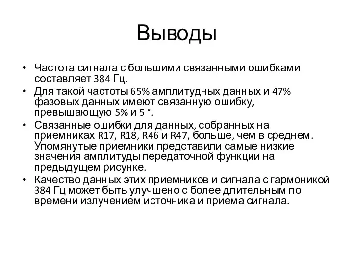 Выводы Частота сигнала с большими связанными ошибками составляет 384 Гц. Для такой