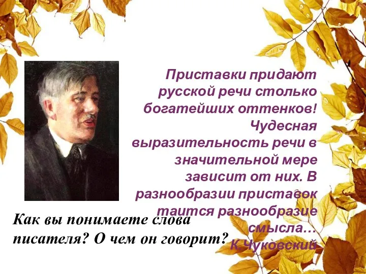 Как вы понимаете слова писателя? О чем он говорит? Приставки придают русской