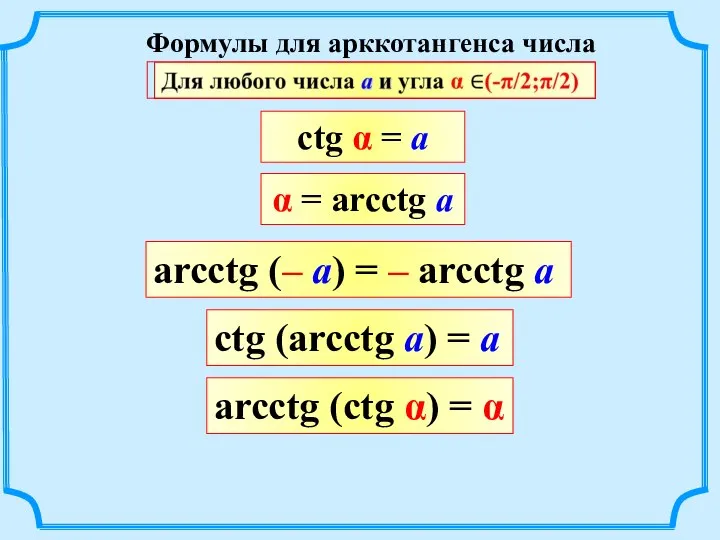 Формулы для арккотангенса числа сtg α = a α = arсctg a