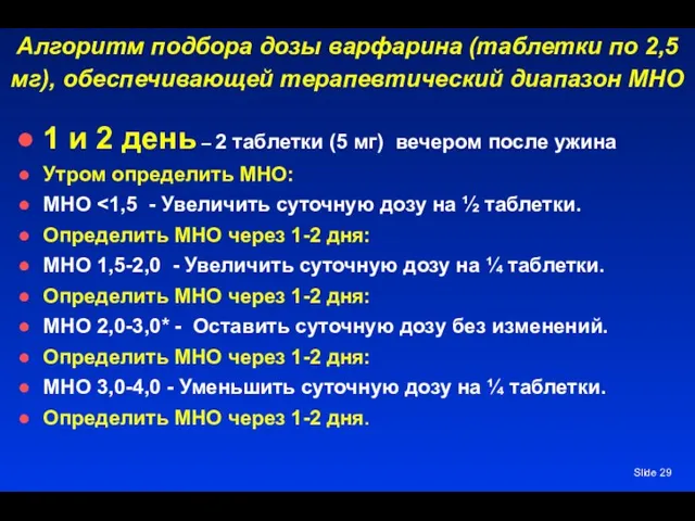 Slide Алгоритм подбора дозы варфарина (таблетки по 2,5 мг), обеспечивающей терапевтический диапазон