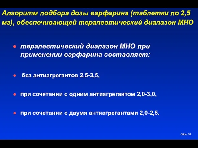 Slide Алгоритм подбора дозы варфарина (таблетки по 2,5 мг), обеспечивающей терапевтический диапазон