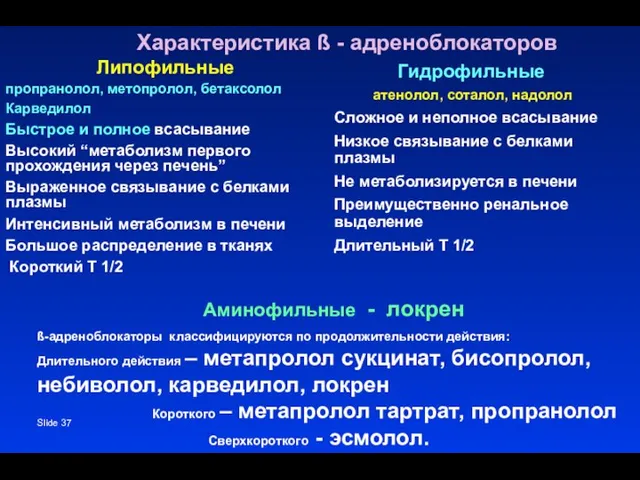 Slide Характеристика ß - адреноблокаторов Липофильные пропранолол, метопролол, бетаксолол Карведилол Быстрое и