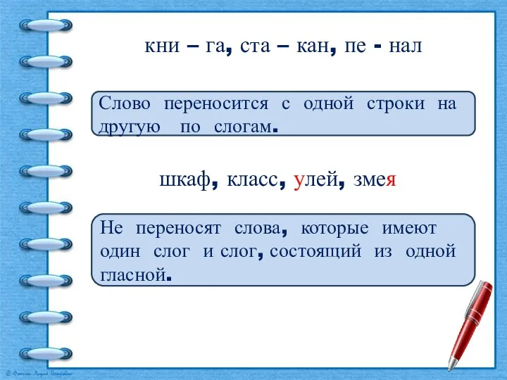 кни – га, ста – кан, пе - нал Слово переносится с