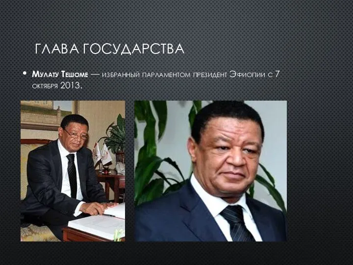 ГЛАВА ГОСУДАРСТВА Мулату Тешоме — избранный парламентом президент Эфиопии с 7 октября 2013.
