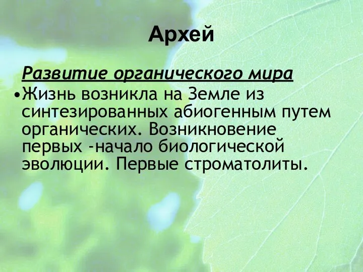 Архей Развитие органического мира Жизнь возникла на Земле из синтезированных абиогенным путем