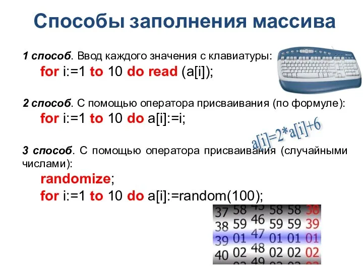 Способы заполнения массива 1 способ. Ввод каждого значения с клавиатуры: for i:=1