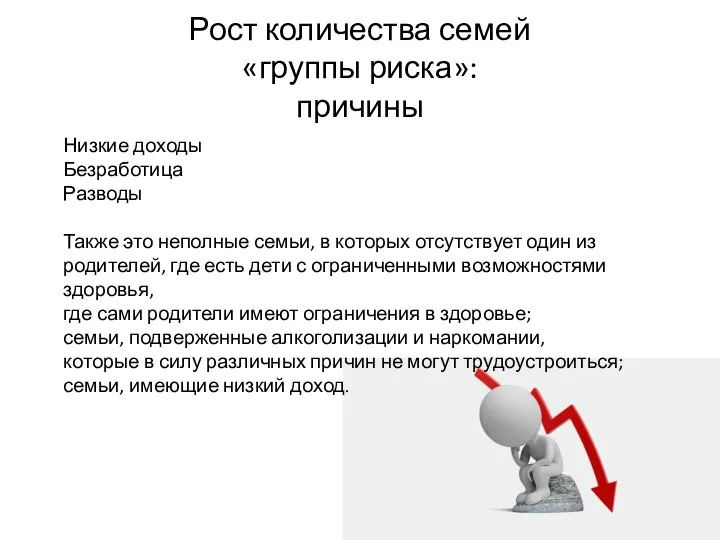 Рост количества семей «группы риска»: причины Низкие доходы Безработица Разводы Также это