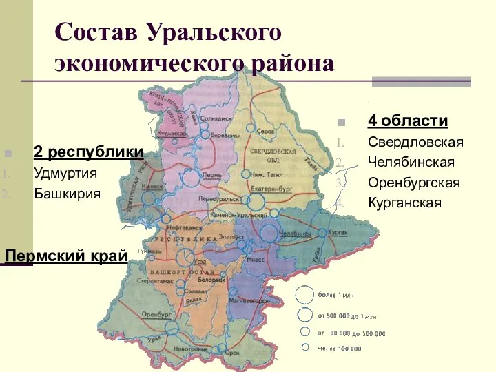 Состав Уральского экономического района 2 республики Удмуртия Башкирия Пермский край 4 области Свердловская Челябинская Оренбургская Курганская