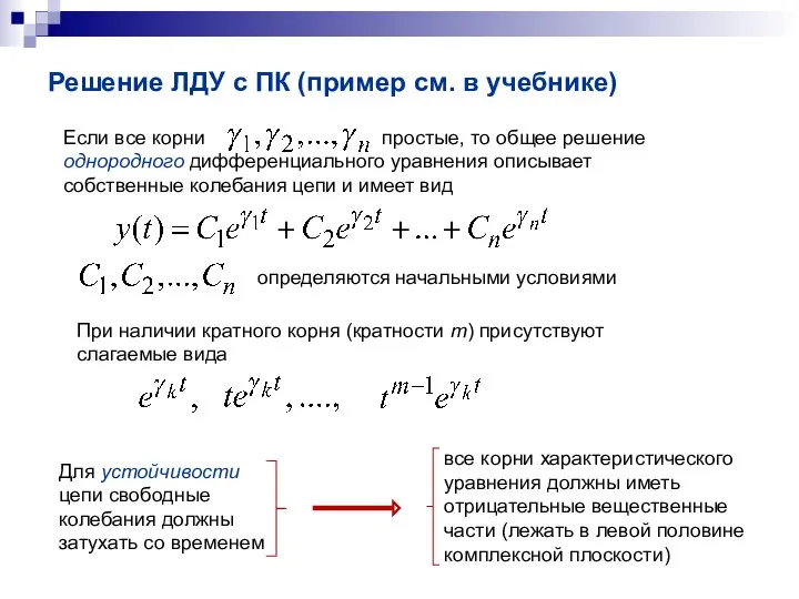 Решение ЛДУ с ПК (пример см. в учебнике) Если все корни простые,