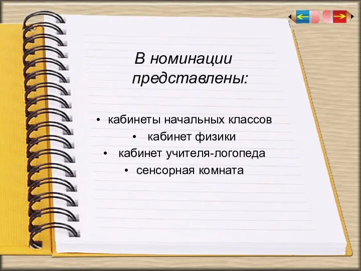 В номинации представлены: кабинеты начальных классов кабинет физики кабинет учителя-логопеда сенсорная комната