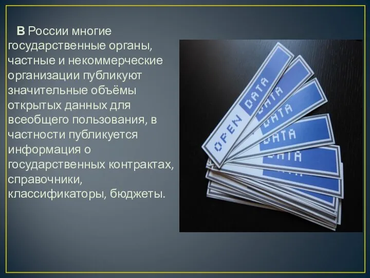 В России многие государственные органы, частные и некоммерческие организации публикуют значительные объёмы