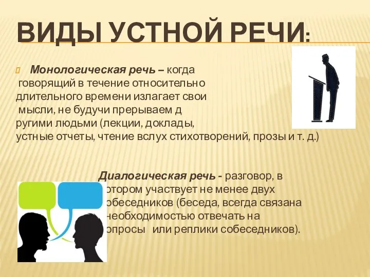 ВИДЫ УСТНОЙ РЕЧИ: Монологическая речь – когда говорящий в течение относительно длительного