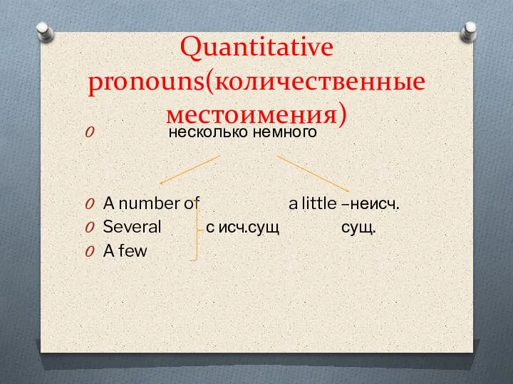 Quantitative pronouns(количественные местоимения) несколько немного A number of a little –неисч. Several