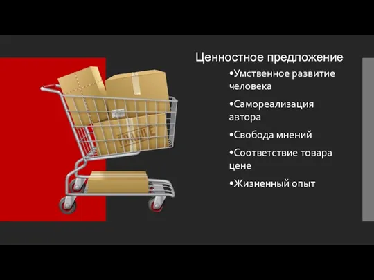 Ценностное предложение •Умственное развитие человека •Самореализация автора •Свобода мнений •Соответствие товара цене •Жизненный опыт