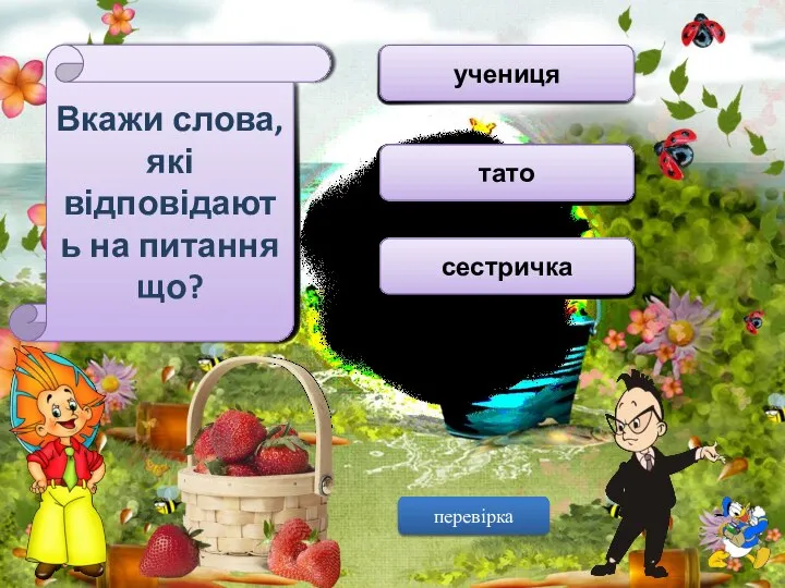 Вкажи слова, які відповідають на питання що? підручник лікар учениця ящірка хмара тато підлога білочка сестричка