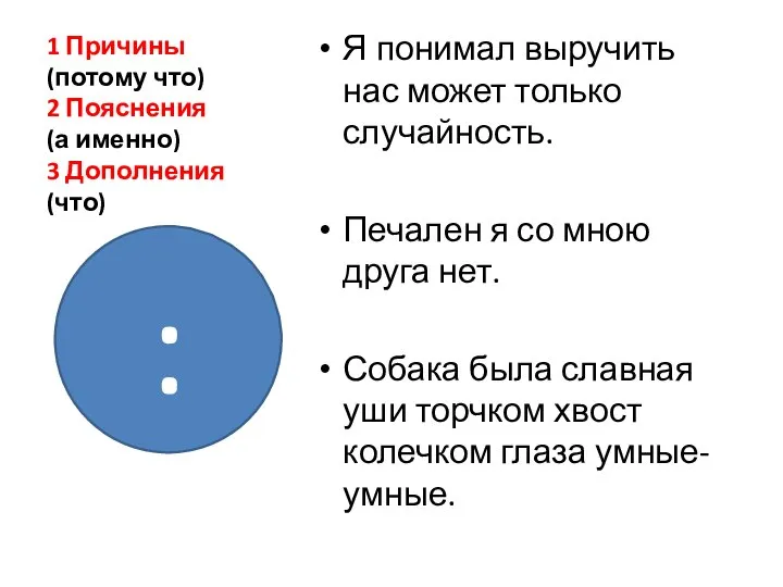 1 Причины (потому что) 2 Пояснения (а именно) 3 Дополнения (что) Я