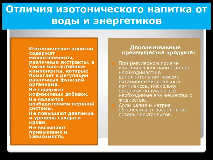 Отличия изотонического напитка от воды и энергетиков Изотонические напитки содержат микроэлементы, различные