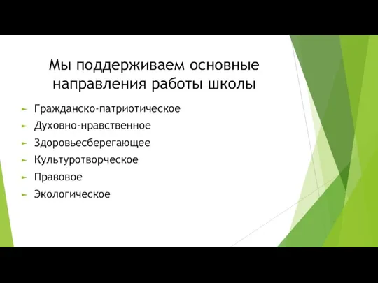 Мы поддерживаем основные направления работы школы Гражданско-патриотическое Духовно-нравственное Здоровьесберегающее Культуротворческое Правовое Экологическое