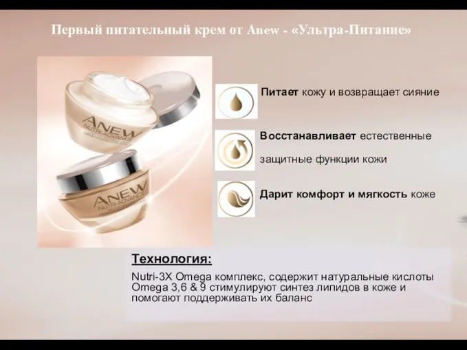 Первый питательный крем от Anew - «Ультра-Питание» Технология: Nutri-3X Omega комплекс, содержит