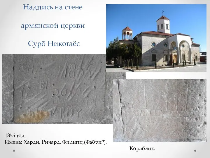 Надпись на стене армянской церкви Сурб Никогаёс 1855 год. Имена: Харди, Ричард, Филипп,(Фабри?). Кораблик.