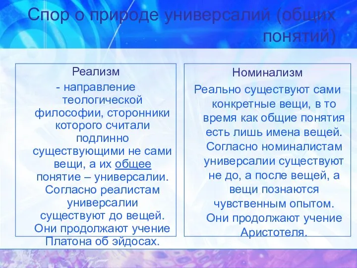 Спор о природе универсалий (общих понятий) Реализм - направление теологической философии, сторонники