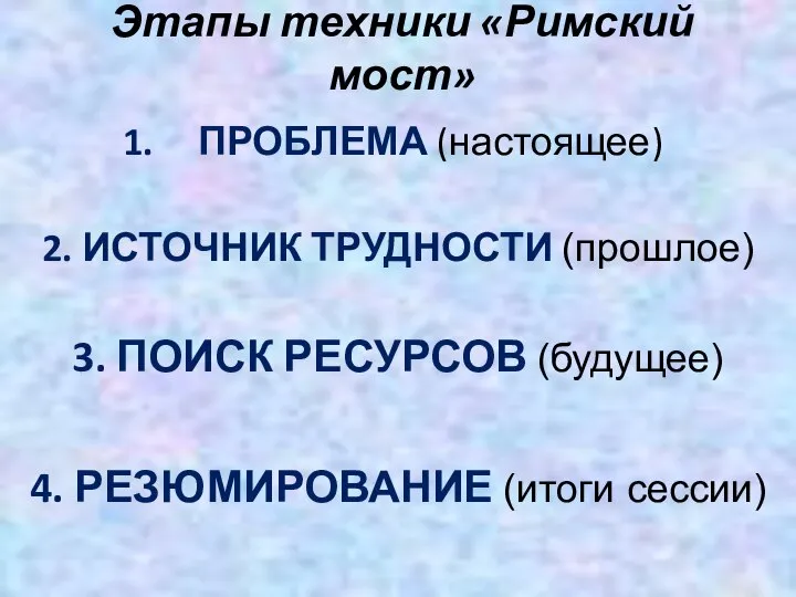 Этапы техники «Римский мост» ПРОБЛЕМА (настоящее) 2. ИСТОЧНИК ТРУДНОСТИ (прошлое) 3. ПОИСК