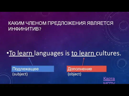 КАКИМ ЧЛЕНОМ ПРЕДЛОЖЕНИЯ ЯВЛЯЕТСЯ ИНФИНИТИВ? To learn languages is to learn cultures.