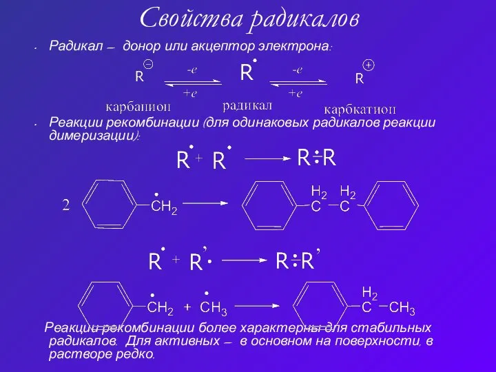 Свойства радикалов Радикал – донор или акцептор электрона: Реакции рекомбинации (для одинаковых
