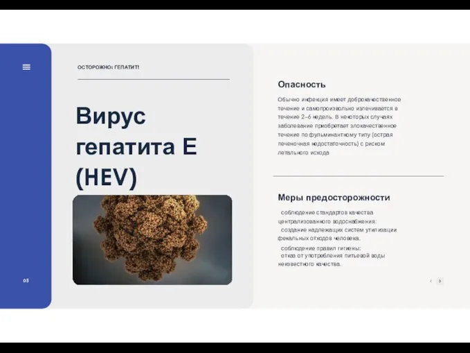 Вирус гепатита Е (HEV) 05 Меры предосторожности ·соблюдение стандартов качества централизованного водоснабжения;