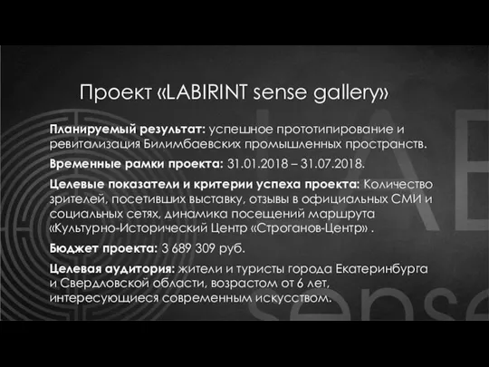 Проект «LABIRINT sense gallery» Планируемый результат: успешное прототипирование и ревитализация Билимбаевских промышленных