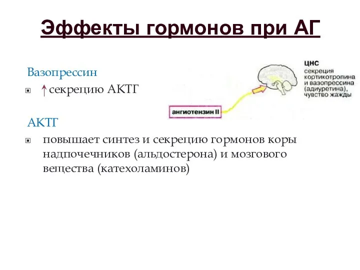 Эффекты гормонов при АГ Вазопрессин секрецию АКТГ АКТГ повышает синтез и секрецию