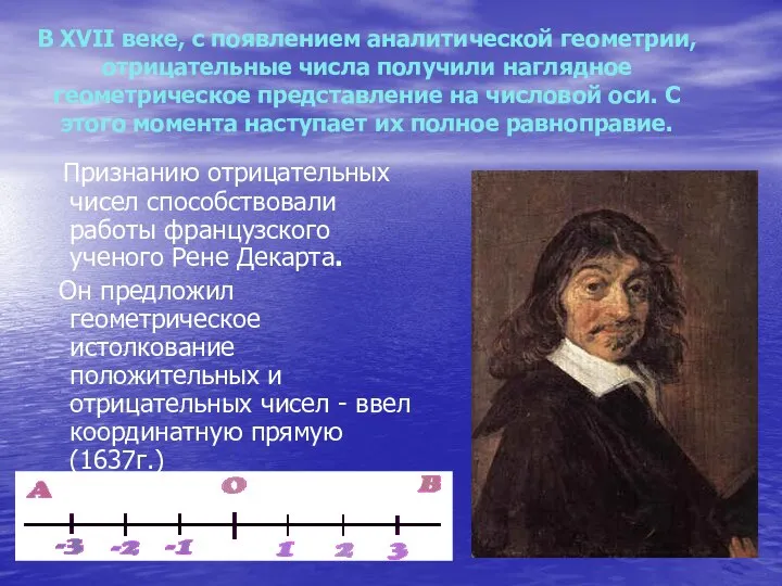 В XVII веке, с появлением аналитической геометрии, отрицательные числа получили наглядное геометрическое