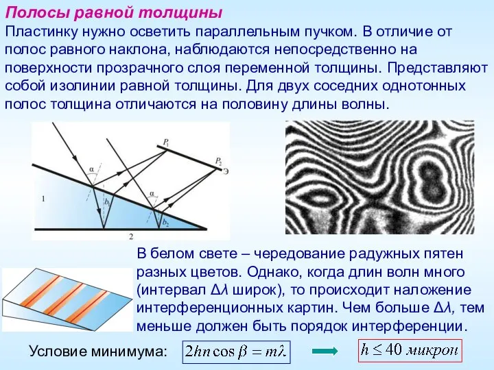 Полосы равной толщины Пластинку нужно осветить параллельным пучком. В отличие от полос
