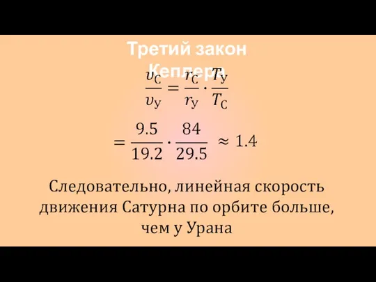 Третий закон Кеплера Следовательно, линейная скорость движения Сатурна по орбите больше, чем у Урана