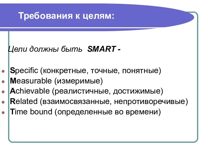 Требования к целям: Цели должны быть SMART - Specific (конкретные, точные, понятные)