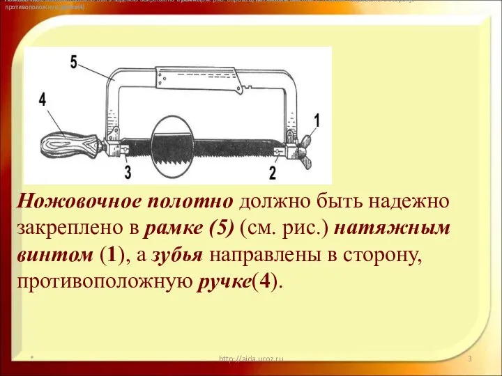 * http://aida.ucoz.ru Ножовочное полотно должно быть надежно закреплено в рамке(см. рис. справа