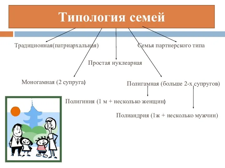 Типология семей Традиционная(патриархальная) Семья партнерского типа Простая нуклеарная Моногамная (2 супруга) Полигамная