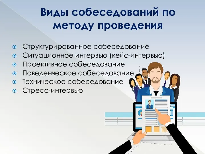 Структурированное собеседование Ситуационное интервью (кейс-интервью) Проективное собеседование Поведенческое собеседование Техническое собеседование Стресс-интервью