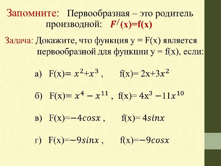 Запомните: Первообразная – это родитель производной: