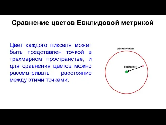 Сравнение цветов Евклидовой метрикой Цвет каждого пикселя может быть представлен точкой в