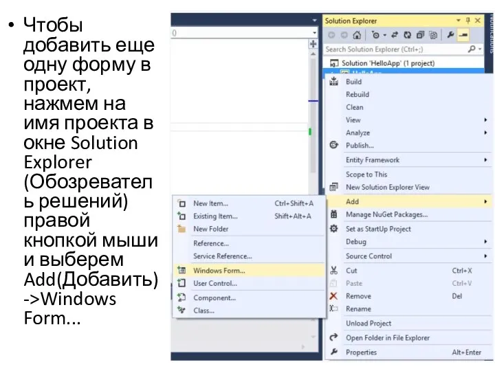 Чтобы добавить еще одну форму в проект, нажмем на имя проекта в