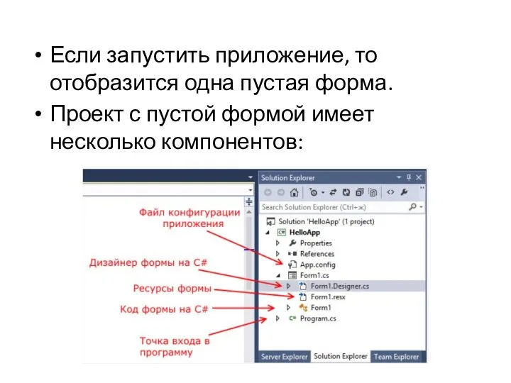 Если запустить приложение, то отобразится одна пустая форма. Проект с пустой формой имеет несколько компонентов: