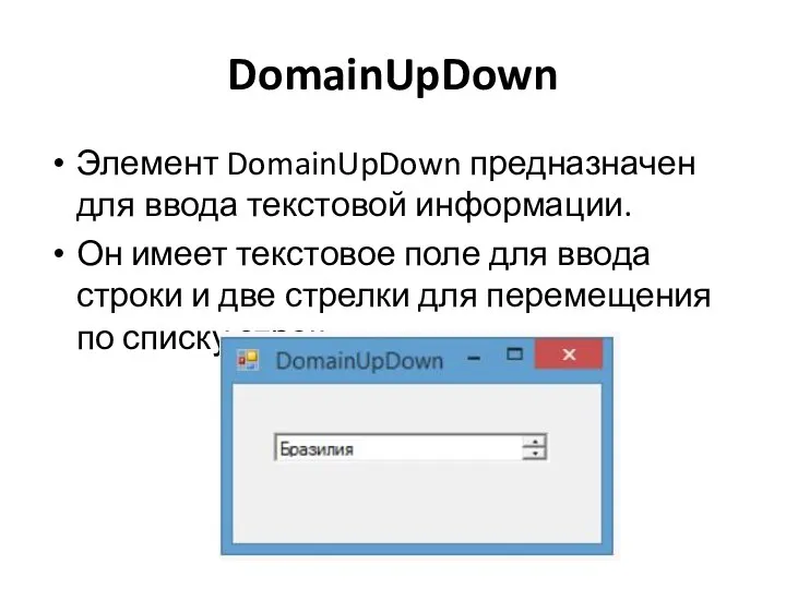 DomainUpDown Элемент DomainUpDown предназначен для ввода текстовой информации. Он имеет текстовое поле