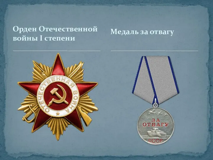 Орден Отечественной войны I степени Медаль за отвагу