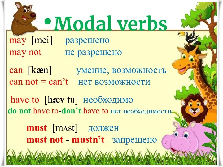 may [mei] разрешено may not не разрешено Modal verbs can [kæn] умение,