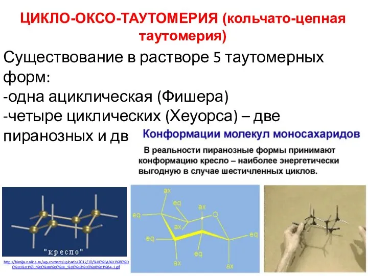 ЦИКЛО-ОКСО-ТАУТОМЕРИЯ (кольчато-цепная таутомерия) Существование в растворе 5 таутомерных форм: -одна ациклическая (Фишера)