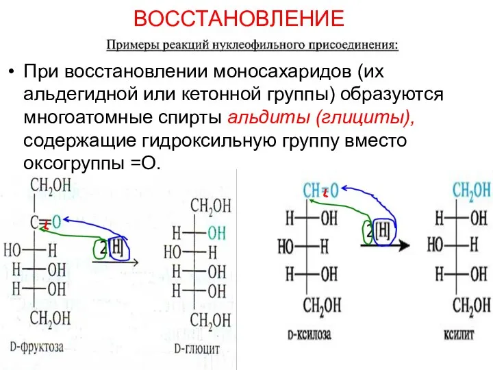 ВОССТАНОВЛЕНИЕ При восстановлении моносахаридов (их альдегидной или кетонной группы) образуются многоатомные спирты