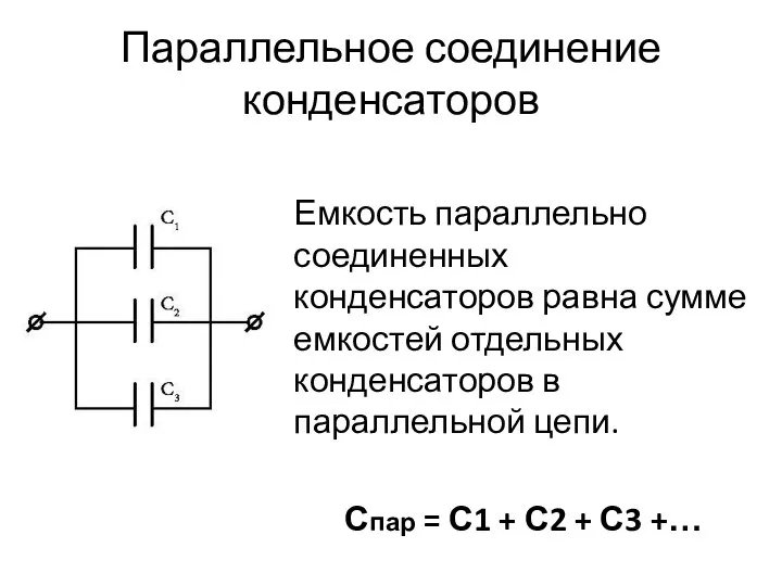 Параллельное соединение конденсаторов Емкость параллельно соединенных конденсаторов равна сумме емкостей отдельных конденсаторов