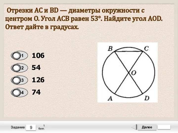 Далее 9 Задание 1 балл. Отрезки АС и BD — диаметры окружности