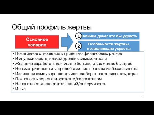 Общий профиль жертвы Позитивное отношение к принятию финансовых рисков Импульсивность, низкий уровень